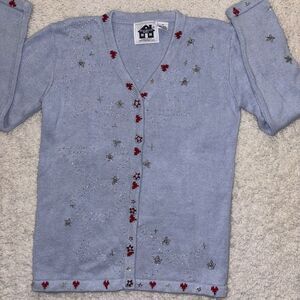 VTG XS Storybook Knits Red White‎ & Blue Patriot Heart Sequin Cardigan Sweater